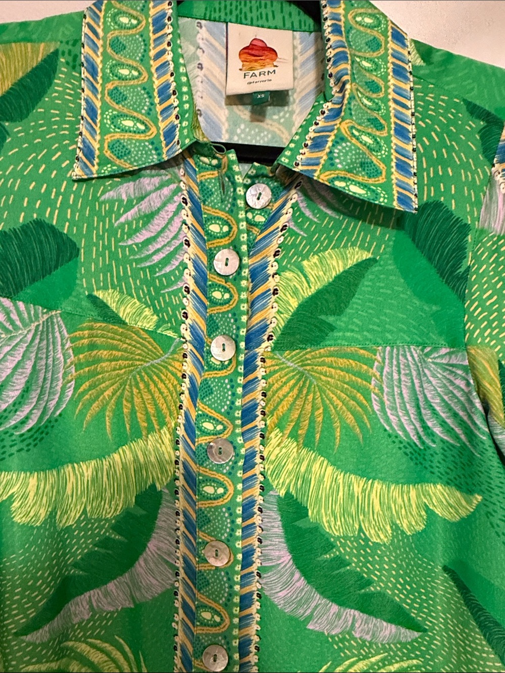 Farm Rio Vibrant Silk Green Tropical Button-Front Shirt Dress - Picture 3 of 5